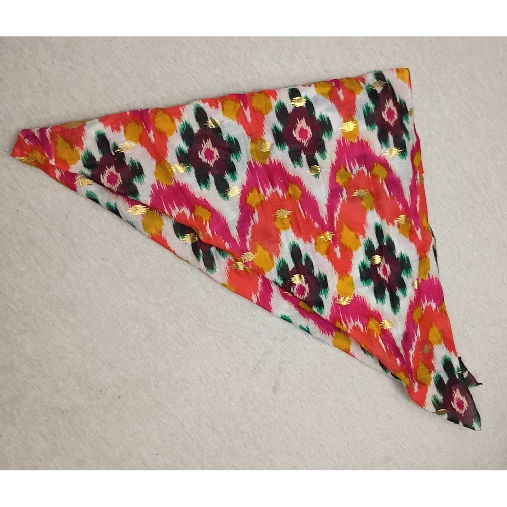 Rachel Zoe Pink Orange Ikat Cotton Square Scarf Gold Foil Accents 39x39